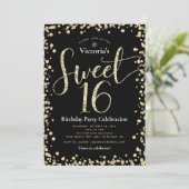 Sweet 16 Zwart Goud Glitter Chic Girly Verjaardag Kaart (Staand voorkant)
