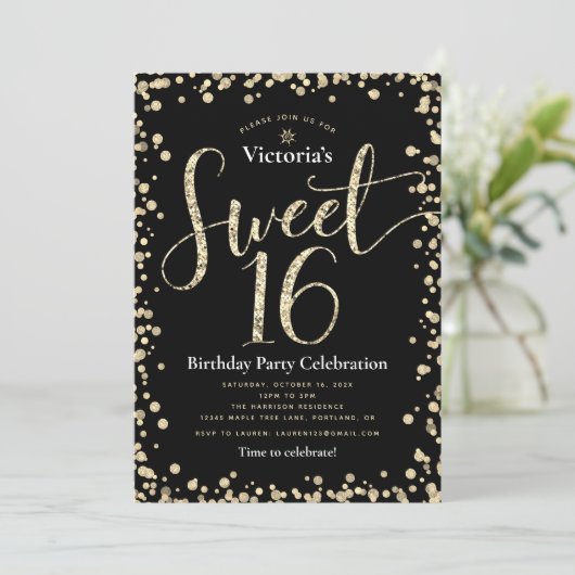 Sweet 16 Zwart Goud Glitter Chic Girly Verjaardag Kaart (Staand voorkant)