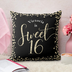 Sweet 16 Zwart Goud Glitter Confetti Verjaardags C Kussen
