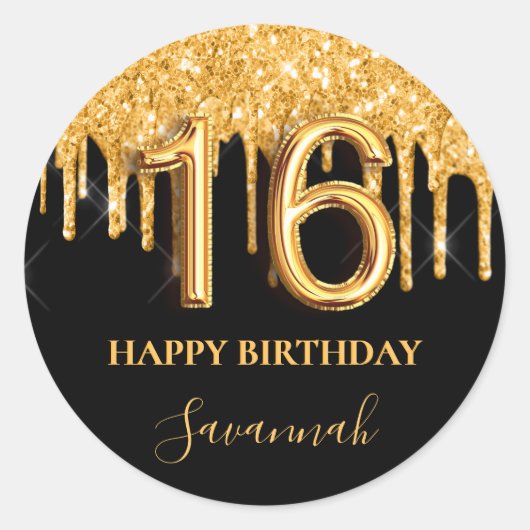 Sweet 16 zwart goud glitter druppels partij ronde sticker (Voorkant)