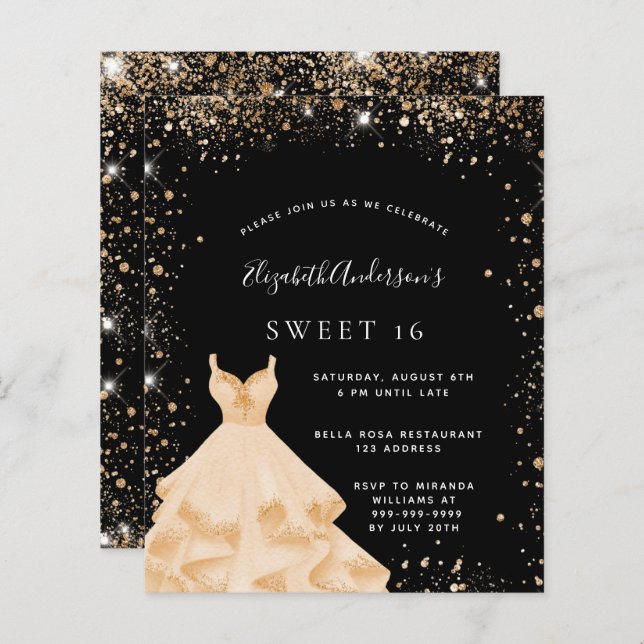 Sweet 16 zwart goud glitter jurk uitnodiging (Voorkant / Achterkant)