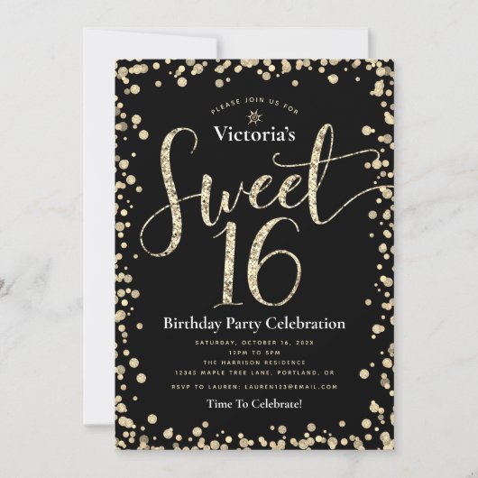 Sweet 16 Zwart Goud Glitter Script Verjaardag Chic Kaart (Voorkant)