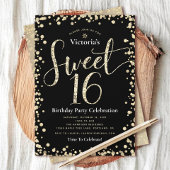 Sweet 16 Zwart Goud Glitter Script Verjaardag Chic Kaart