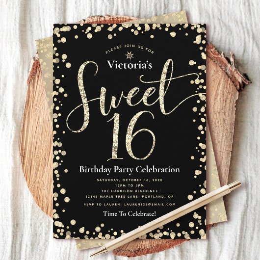 Sweet 16 Zwart Goud Glitter Script Verjaardag Chic Kaart