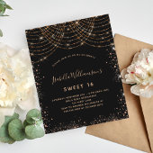 Sweet 16 zwart goud glitter uitnodiging