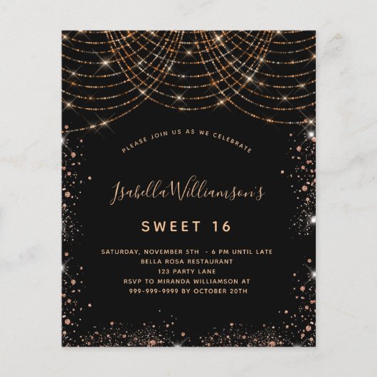 Sweet 16 zwart goud glitter uitnodiging (Voorkant)
