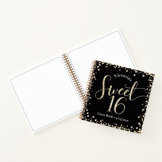 Sweet 16 Zwart Goud Glitter Verjaardag Gastboek Notitieboek (Binnen)