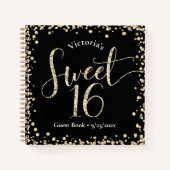 Sweet 16 Zwart Goud Glitter Verjaardag Gastboek Notitieboek (Voorkant)