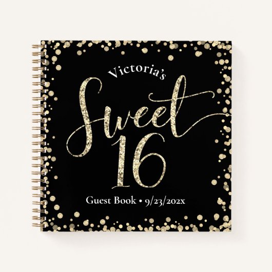Sweet 16 Zwart Goud Glitter Verjaardag Gastboek Notitieboek (Voorkant)
