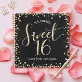 Sweet 16 Zwart Goud Glitter Verjaardag Gastboek Notitieboek