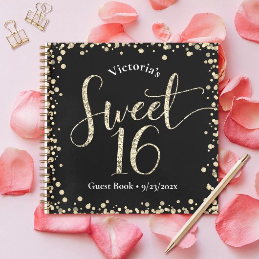 Sweet 16 Zwart Goud Glitter Verjaardag Gastboek Notitieboek