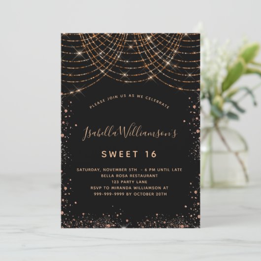 Sweet 16 zwart goud glitter verjaardag kaart (Staand voorkant)
