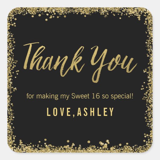 Sweet 16 Zwart Goud Glitter Verjaardagsgunsten Vierkante Sticker (Voorkant)