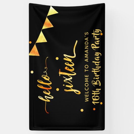 Sweet 16 zwart goud hallo zestien welkom spandoek (Verticaal)