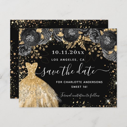 Sweet 16 zwart goud jurk save the date kaart (Voorkant / Achterkant)
