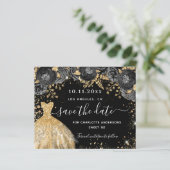 Sweet 16 zwart goud jurk save the date kaart (Staand voorkant)