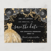 Sweet 16 zwart goud jurk save the date kaart (Voorkant)