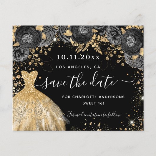 Sweet 16 zwart goud jurk save the date kaart (Voorkant)