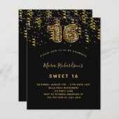 Sweet 16 zwart goud luipaard confetti uitnodiging (Voorkant / Achterkant)