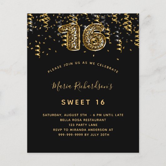 Sweet 16 zwart goud luipaard confetti uitnodiging (Voorkant)