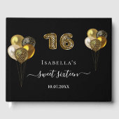 Sweet 16 zwart goud luipaard print ballonnen gastenboek (Voorkant)