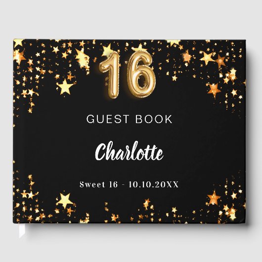 Sweet 16 zwart gouden sterren gastenboek (Voorkant)