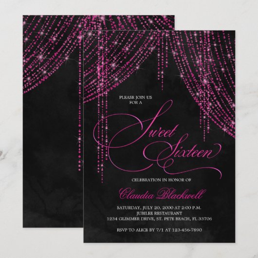 Sweet 16 Zwart Heet Roze Glitter Verjaardag Kaart (Voorkant / Achterkant)