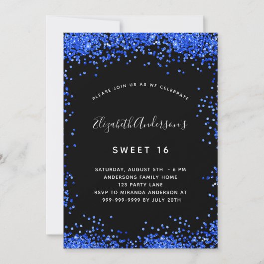 Sweet 16 zwart koningsblauw glitters luxe kaart (Voorkant)