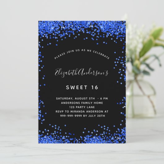 Sweet 16 zwart koningsblauw glitters luxe kaart (Staand voorkant)
