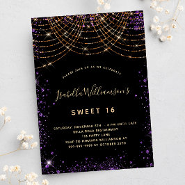 Sweet 16 zwart paarse glitters dust goud verjaarda kaart