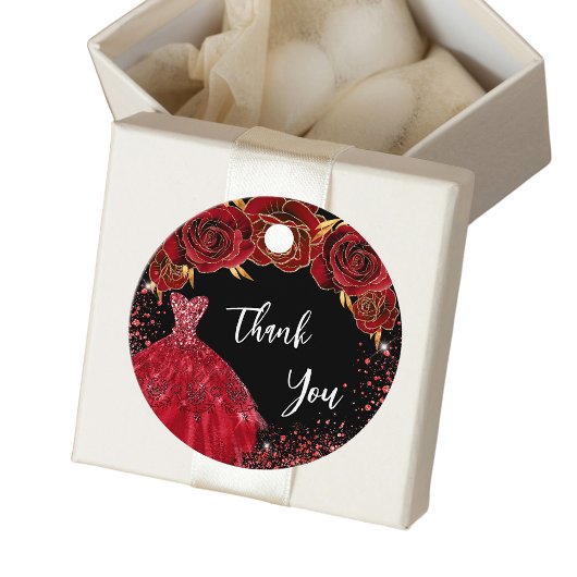 Sweet 16 zwart rode jurk bedankt bedankjes labels