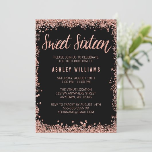 Sweet 16 Zwart Roos Gouden Faux Glitter Verjaardag Kaart (Staand voorkant)