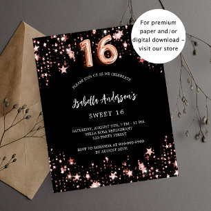 Sweet 16 zwart roos gouden sterren budget uitnodig flyer