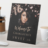 Sweet 16 zwart roos gouden sterren foto welkom reclamebord met voetstuk (Insitu)