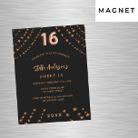 Sweet 16 zwart roos gouden sterren luxe magnetische uitnodiging<br><div class="desc">Voor een elegant Sweet 16,  16e verjaardagsfeestje. Een zwarte achtergrond. Versierd met rozen gouden sterren. Personaliseer en voeg een naam,  feestdetails,  geboortejaar toe. De naam is geschreven met een handgeschreven stylescript</div>
