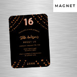 Sweet 16 zwart roos gouden sterren luxe uitnodigin magneet<br><div class="desc">Voor een elegant Sweet 16,  16e verjaardagsfeestje. Een zwarte achtergrond. Versierd met rozen gouden sterren. Personaliseer en voeg een naam,  feestdetails,  geboortejaar toe. De naam is geschreven met een handgeschreven stylescript</div>