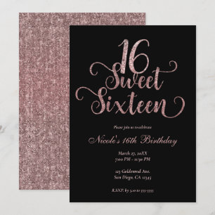 Sweet 16 Zwart & Roze Glitter Verjaardagsfeestje Kaart