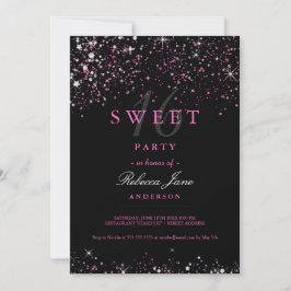 Sweet 16 Zwart Roze Sparkle Glitter Invite Kaart