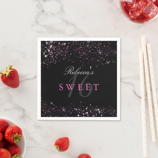 Sweet 16 Zwart Roze Sparkle Glitter Servetten (Insitu)