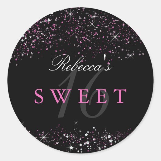 Sweet 16 Zwart Roze Sparkle Glitter Sticker (Voorkant)