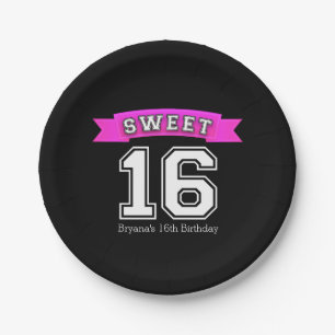Sweet 16 Zwart & Roze Sportieve Verjaardagsfeestje Papieren Bordje