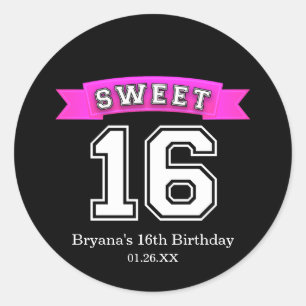 Sweet 16 Zwart & Roze Sportieve Verjaardagsfeestje Ronde Sticker