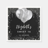 Sweet 16 zwart zilver glitter naam ballonnen servet (Voorkant)
