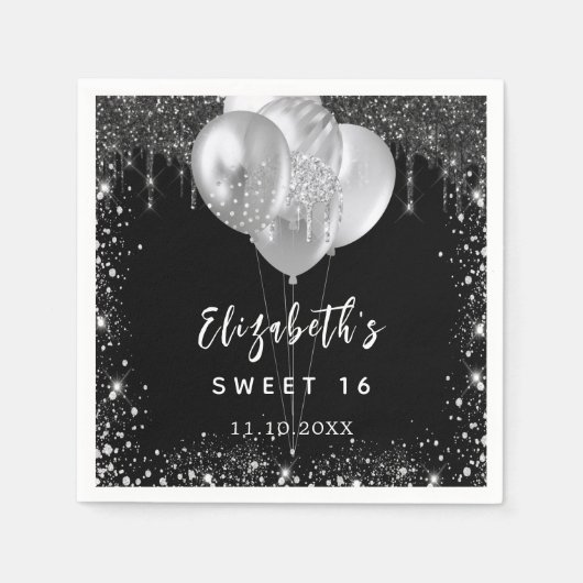 Sweet 16 zwart zilver glitter naam ballonnen servet (Voorkant)