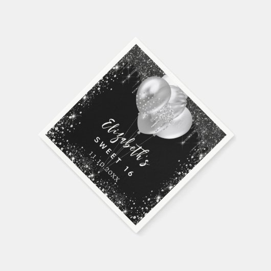 Sweet 16 zwart zilver glitter naam ballonnen servet (Hoek)