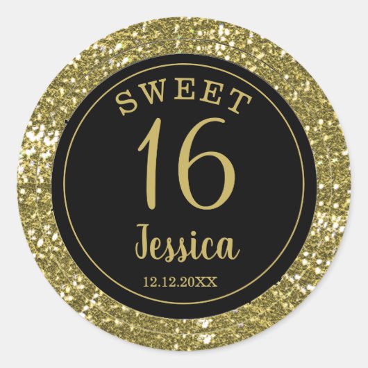 Sweet 16 zwarte en goudglitter envelop ronde sticker (Voorkant)