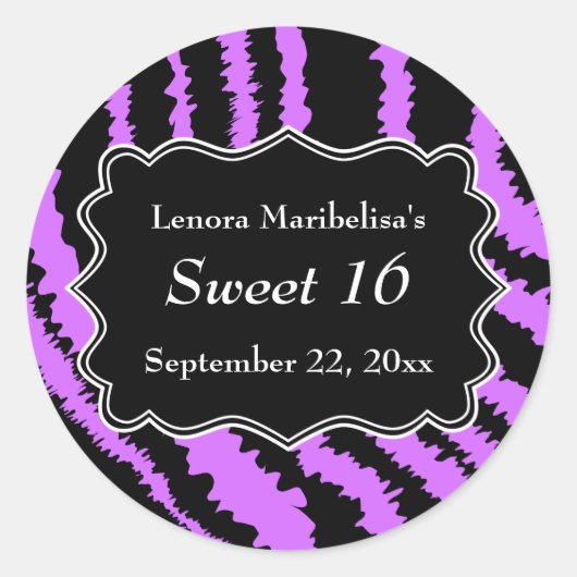 Sweet 16 Zwarte en Paarse Zebra Pattern Ronde Sticker (Voorkant)