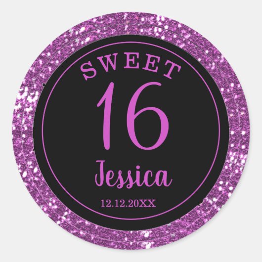 Sweet 16 zwarte en roze glitter-envelopzegel ronde sticker (Voorkant)