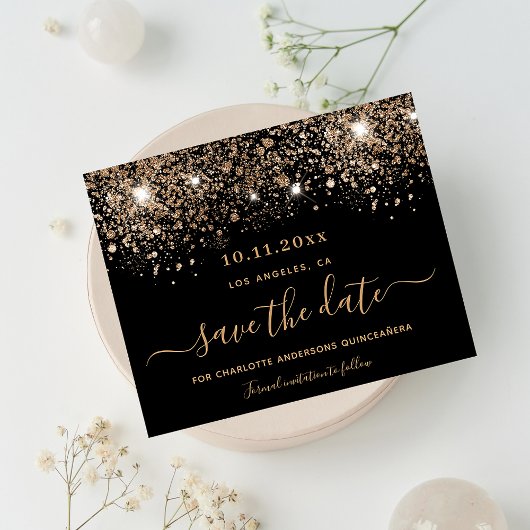 Sweet 16 zwarte glitters budget save the date flyer
