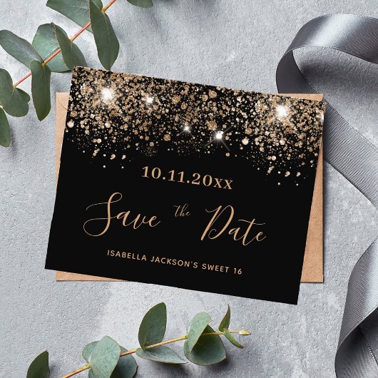 Sweet 16 zwarte glitters budget save the date flyer